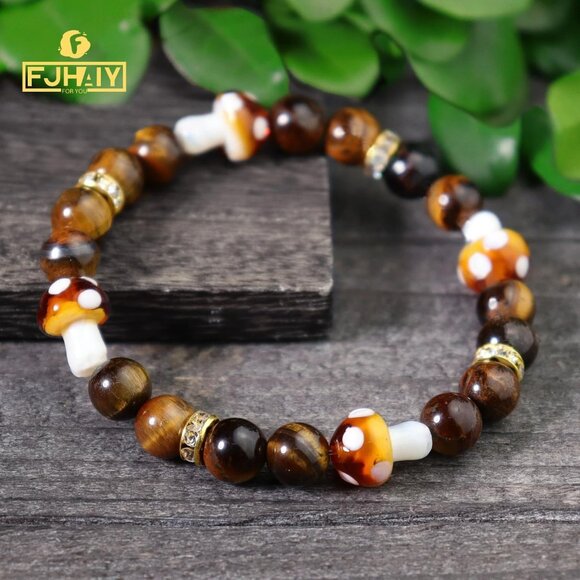 Cute Tiger's Eye Bead and Glass Mushroom Charm Bracelet (NWOT) - Picture 2 of 6